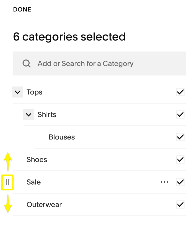 Squarespace Product Category Settings Screen