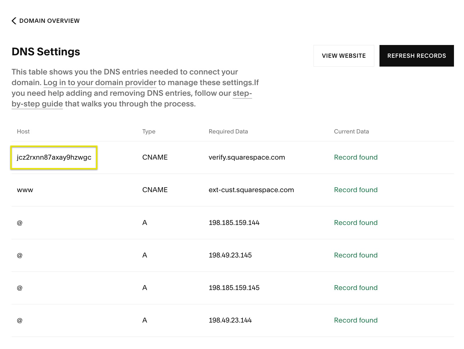 DNS settings table