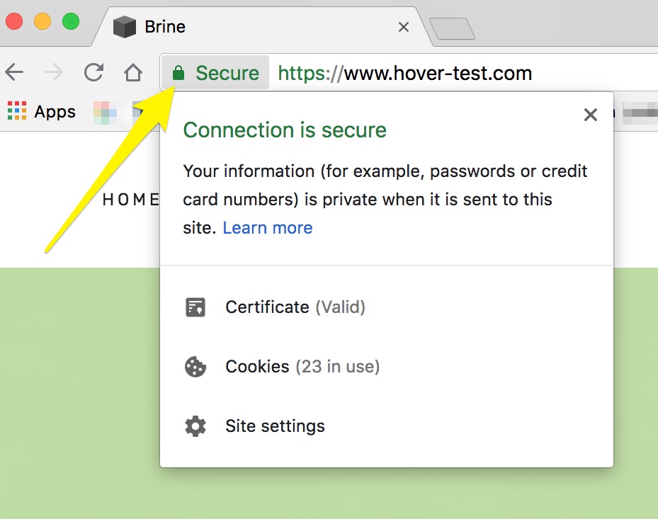 SSL security certificate pop-up window