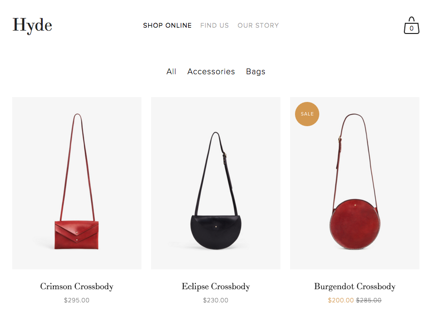 Squarespace product page with navigation and bags