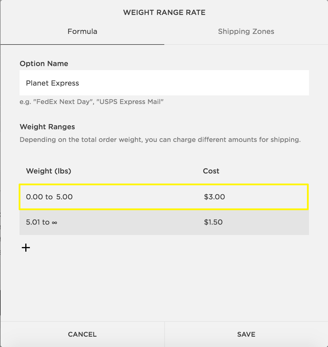 Shipping rates and zones table