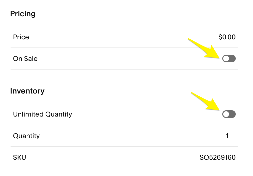 Product pricing toggles for sale options