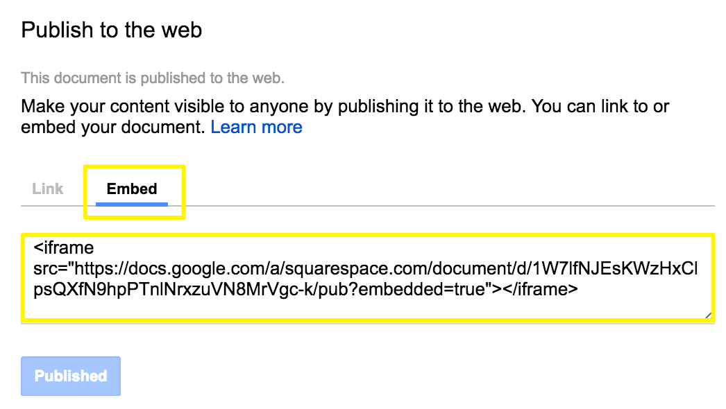 Squarespace embed link example