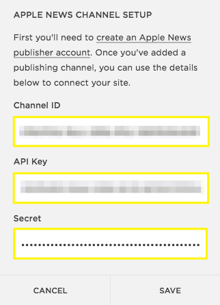 Apple News setup form in Squarespace