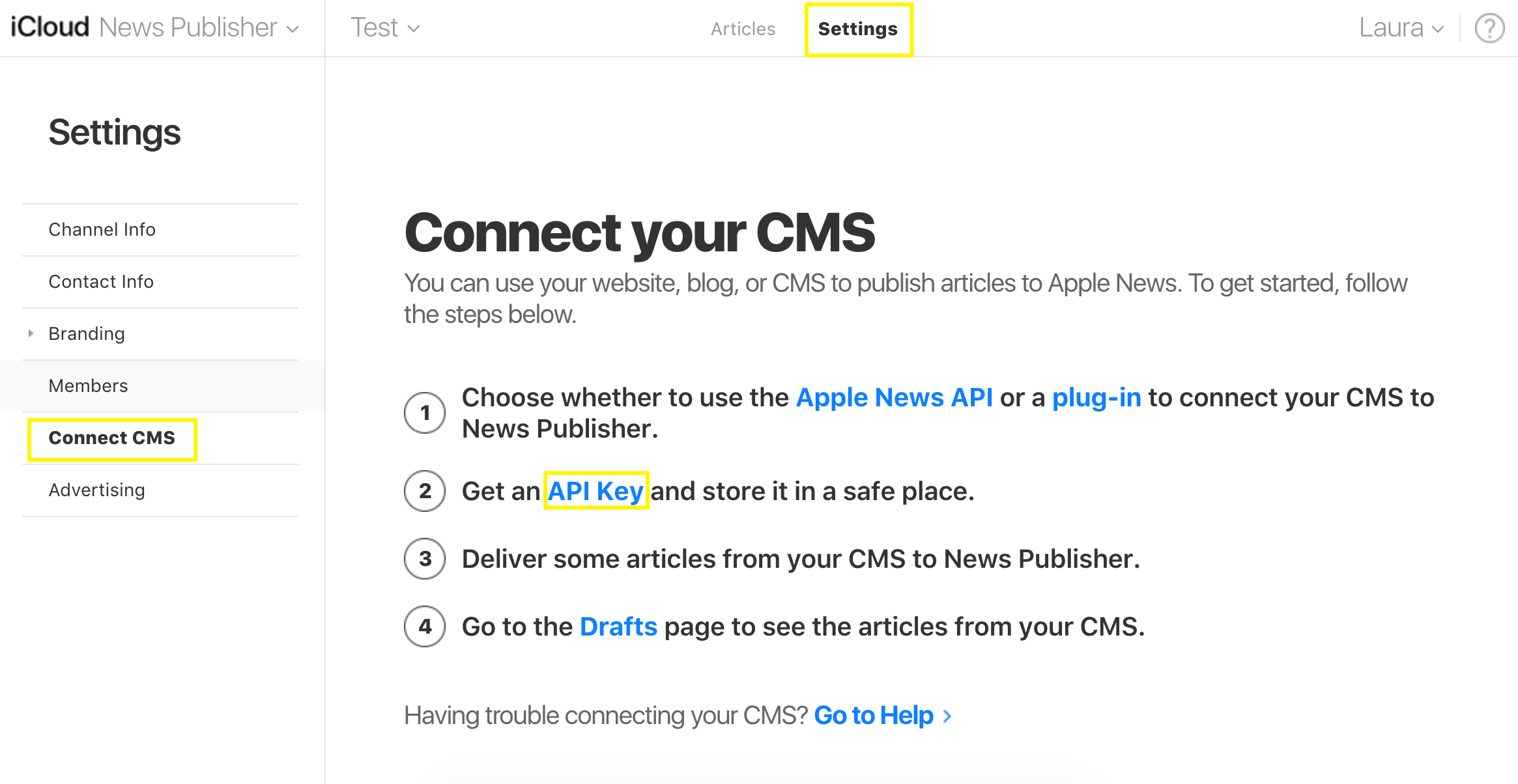 Apple News API settings screen