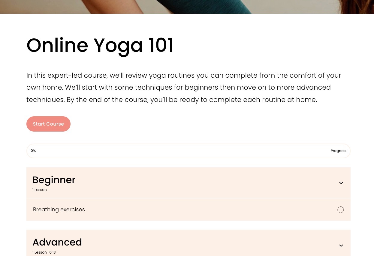 Screenshot of an online yoga course