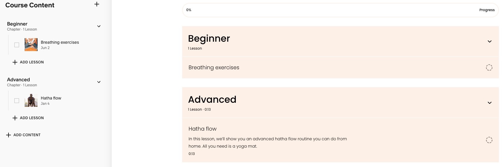 Screenshot of yoga lessons on Squarespace