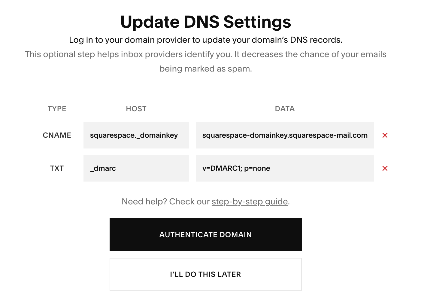 Squarespace DNS Settings Screen