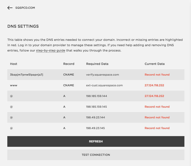 DNS Settings Table in Squarespace