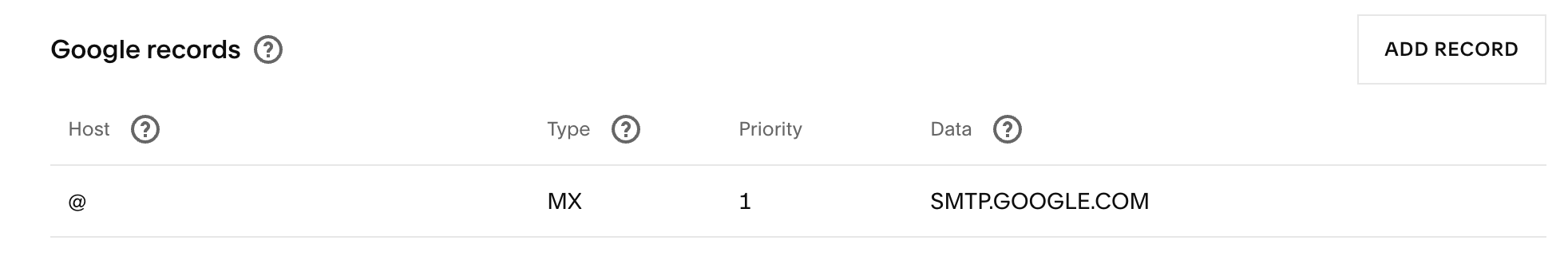 Google DNS settings in the domain manager