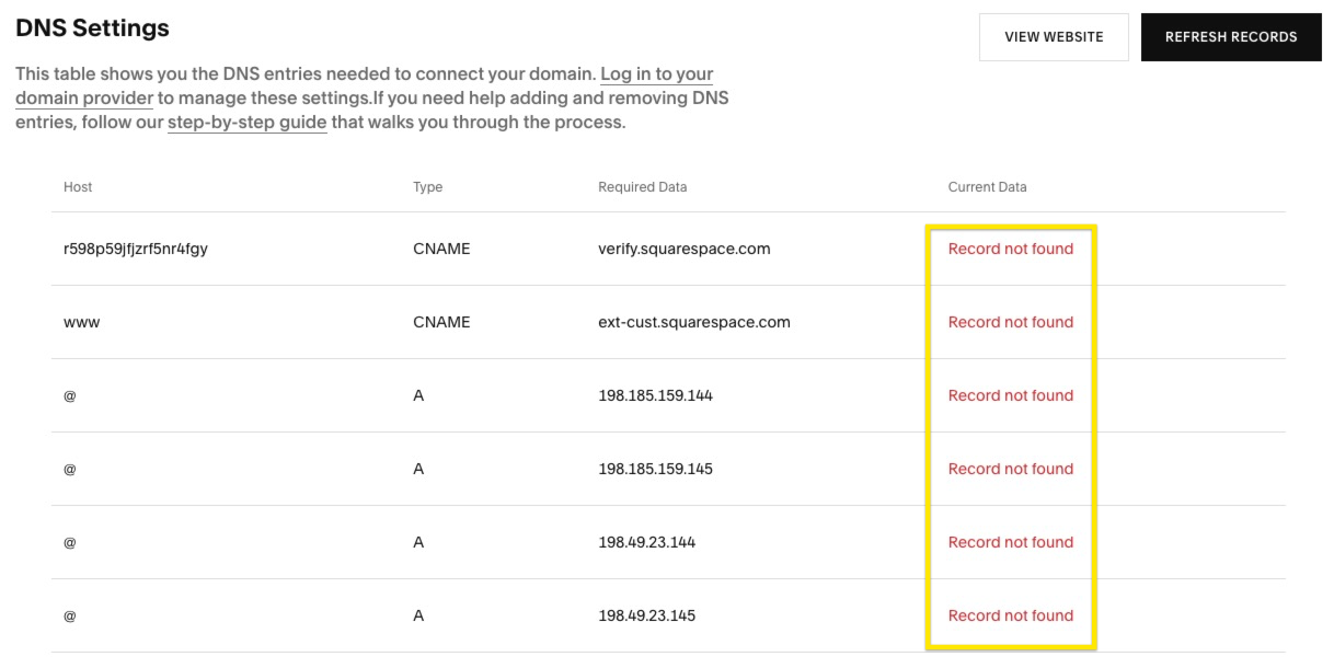 DNS Table and Error Display