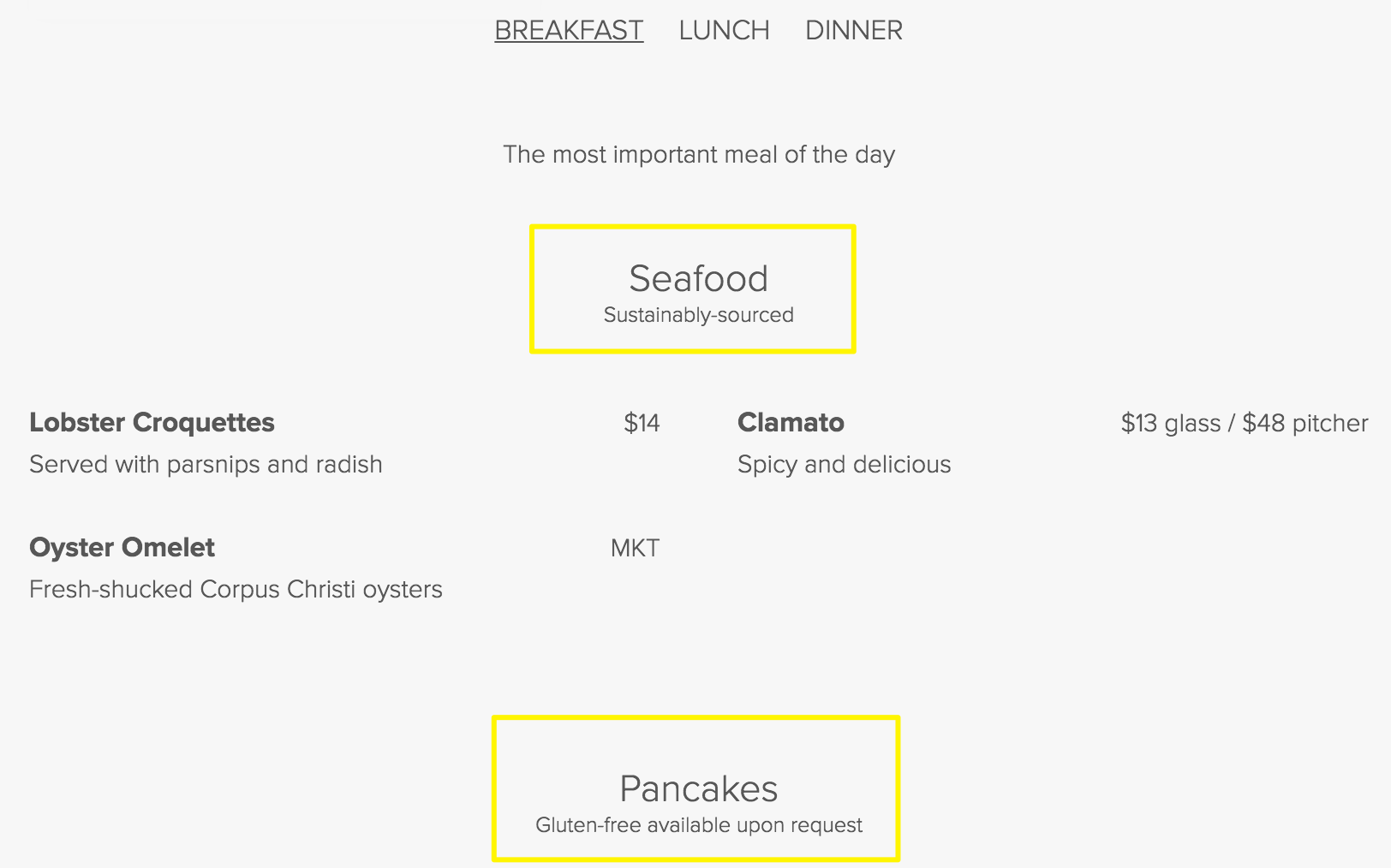 Menu items featuring seafood and breakfast dishes