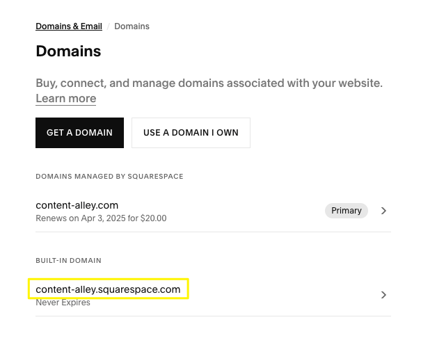 Squarespace Domains Management Page