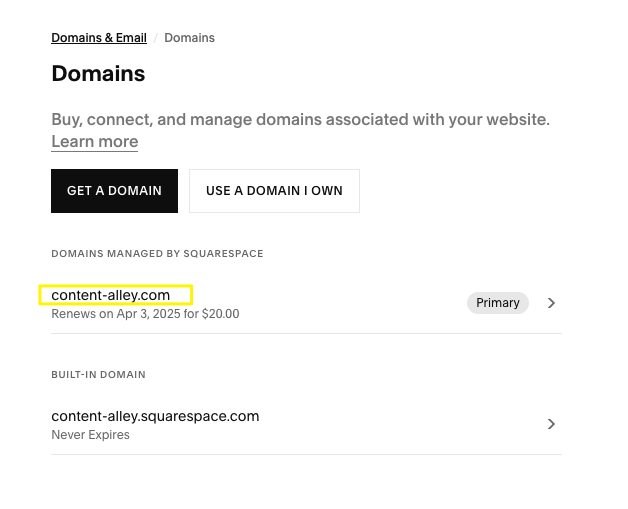 Domain settings in Squarespace