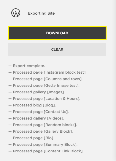 Screenshot of export page