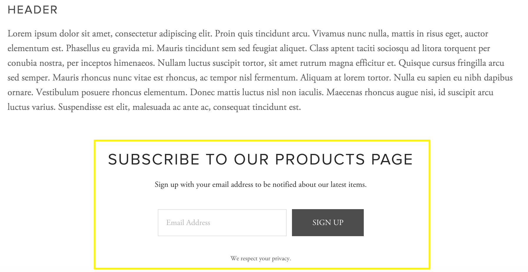 Newsletter subscription field with sign-up button