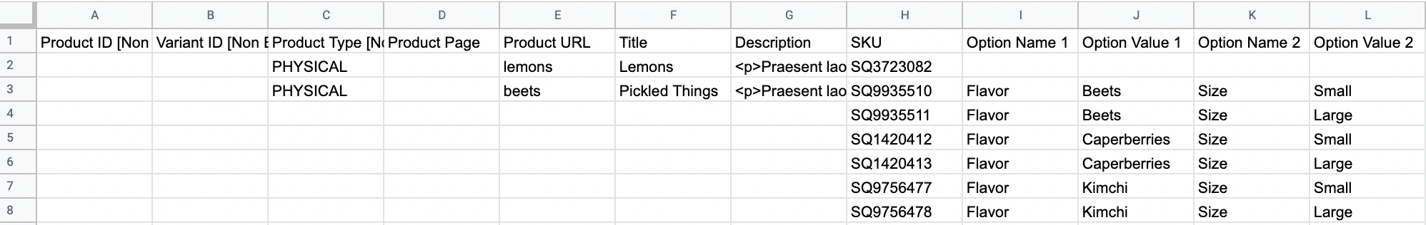 Squarespace product options table