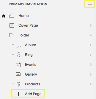 Squarespace main navigation menu options