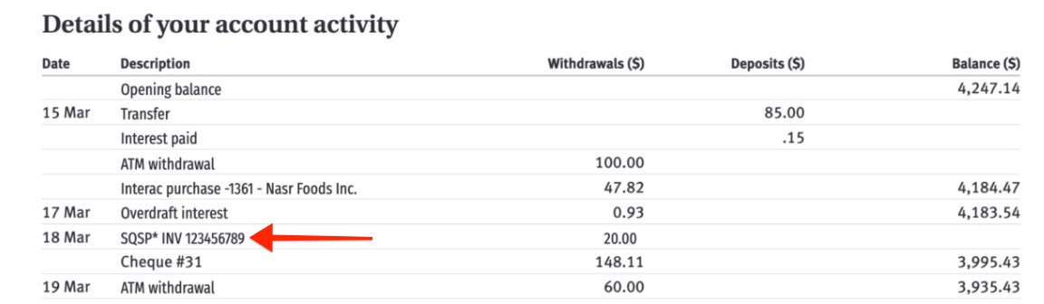 bank statement showing deposit amount