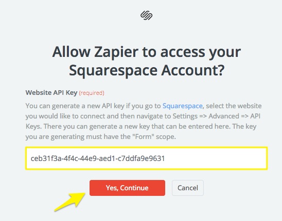 Squarespace authorization page for Zapier